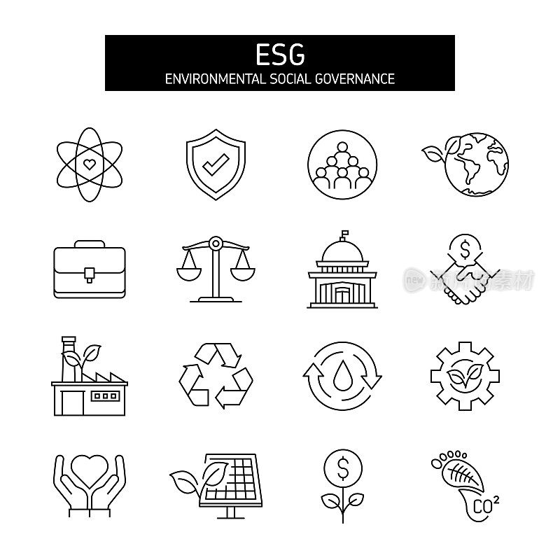 ESG -环境，社会和治理线图标集。可持续发展，政府，保护。